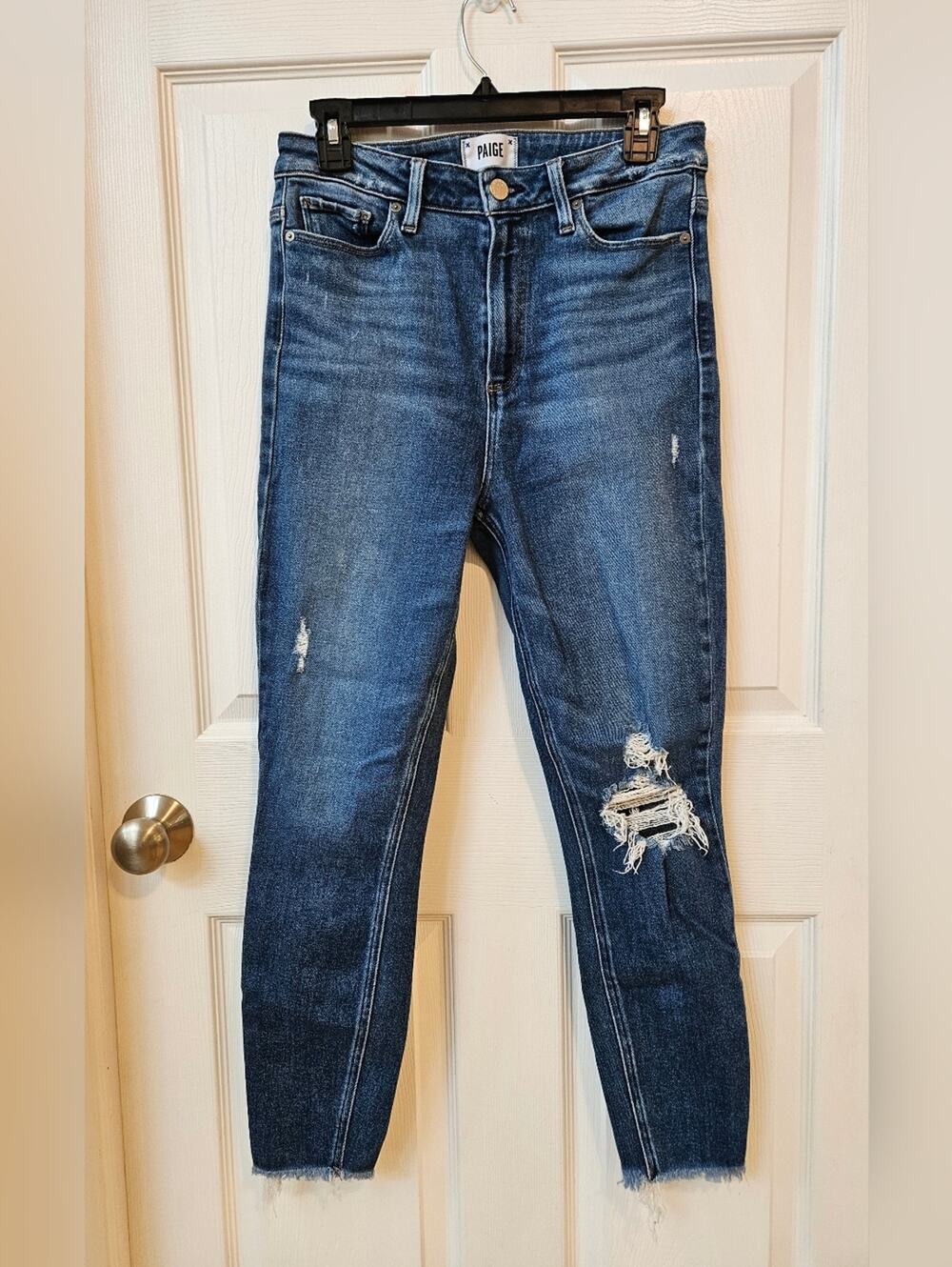 PAIGE Margot Crop Jeans 29 Distressed Raw Hem Skinny Stretch Denim Blue